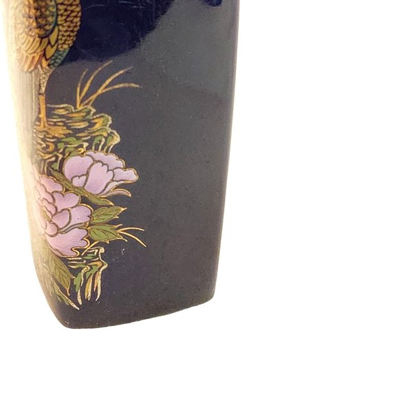 Asian Style Vase Peacock Pink Peonies Cobalt Blue Bright Gold Gilding Vintage 9" - Picture 6 of 11